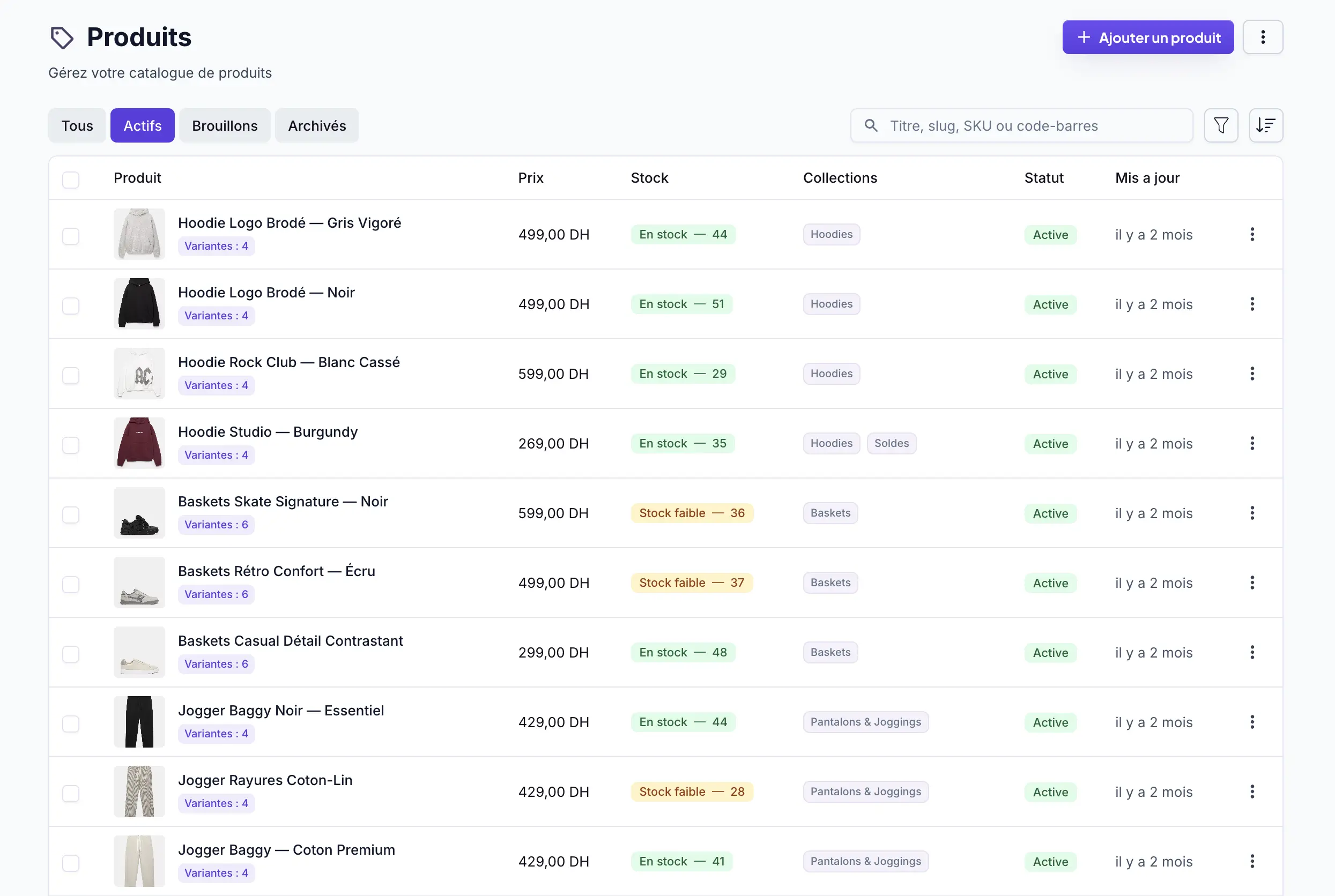 Actual Sellioly demo catalog dashboard showing products, variants, stock and collections.