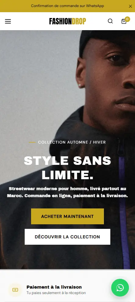 Fashion Drop mobile demo storefront, built using Sellioly.